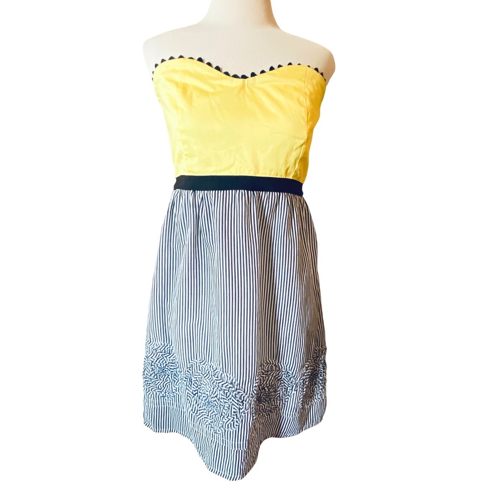 Y2k Judith march Yellow black  Striped Strapless Rosette Hem Sz L  Dress
